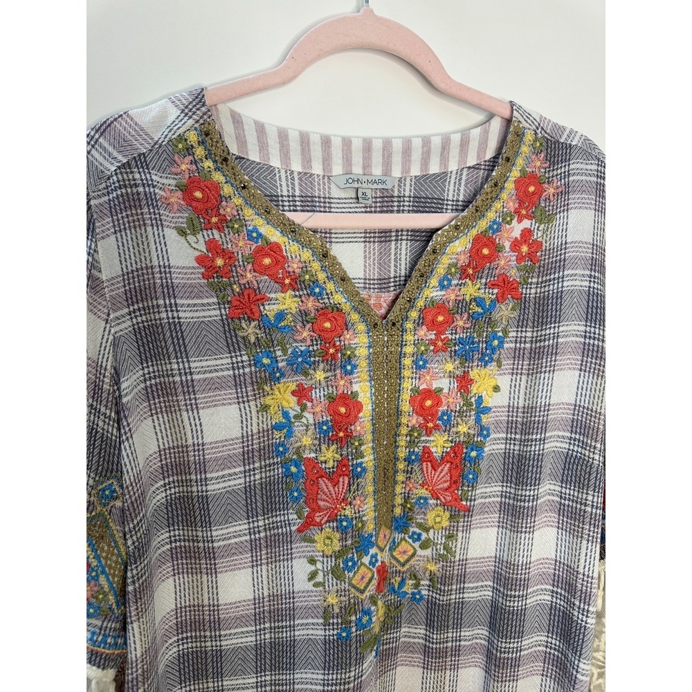 John Mark Boho Embroidered Plaid Tunic Top Lace Tassel Sleeve Blouse Womens XL - Picture 5 of 14